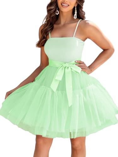 Kaei&Shi Poofy Short Tulle Dress,Spaghetti Strap Semi Formal Dresses for Women,Elegant Birthday Outfit Homecoming Cocktail Mint Green Medium