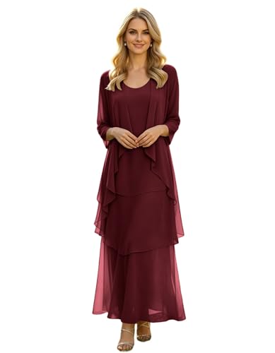 Plus Size Mother of The Bride Dresses 2 Pieces Chiffon Evening Party Dress with Jacket A Line Mother of The Groom Dresses for Women 3/4 Sleeve Long Ruffles Formal Ball Gowns 2026 Burgundy US26