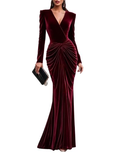 Women's V Neck Mermaid Velvet Maxi Dress Long Sleeve Formal Evening Gown | MiBoTong Ruched Waist Velvet Bridesmaid Dresses for Wedding Guest Prom Party