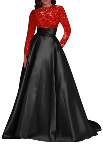 yinyyinhs Plus Size Red+Black Prom Dress Sequin Satin A-line Prom Formal Ball Gowns with Sleeve Glitter Round Neck Evening Dresses with Pockets for Women US20