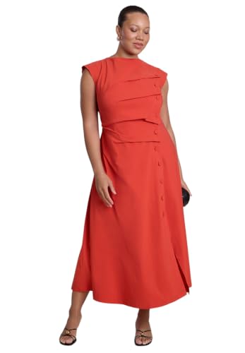 ELOQUII Pleated Button Detail Midi Dress Aurora Red