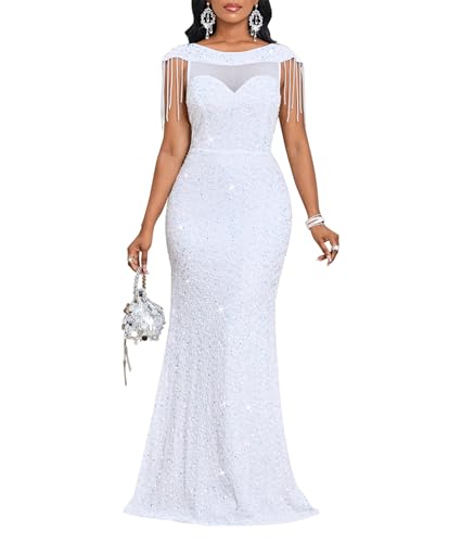 Cololura Women Sequin Mesh Tassel Mermaid Formal Maxi Dress Evening Gown