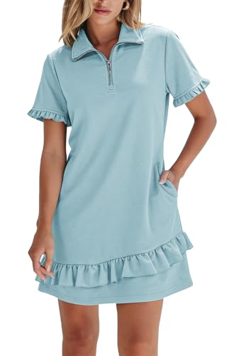 Alaster Queen Women's Casual A-line Ruffle Light Blue Half Zip Tennis Dress