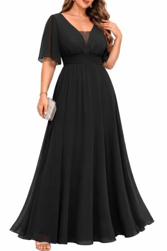 Plus Size Formal Dress Black V-Neck Chiffon Wedding Guest Maxi Gown