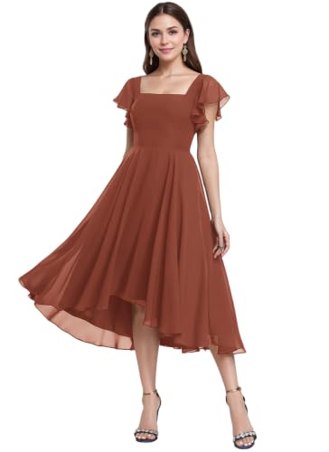 Ibpdea Chiffon Bridesmaid Dresses Short with Sleeve Square Neck Formal Dress Tea Length Evening Party Gown Rust Size 6