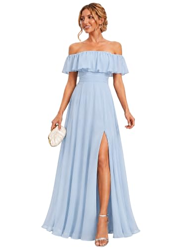Ever-Pretty Women's Off Shoulder Chiffon Formal Bridesmaid Dresses Blue | Maxi, Side Slit, Stretchy Smocked Waist, Wedding Guest Dresses, Beach Dress, Blue US18