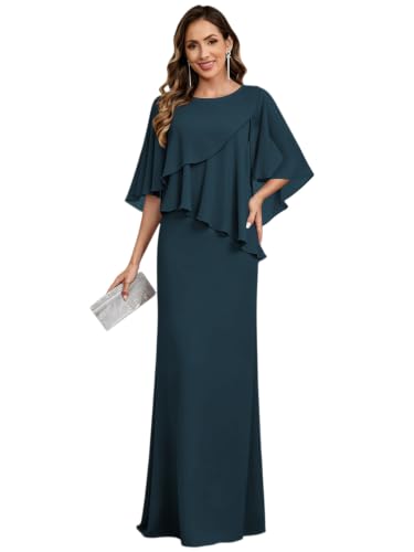 Elmiansly Women’s 2 Pieces Mother of The Bride Dress Long Chiffon Formal Mother of Groom Dress with Sleeve Dusty Blue Formal Gown US12