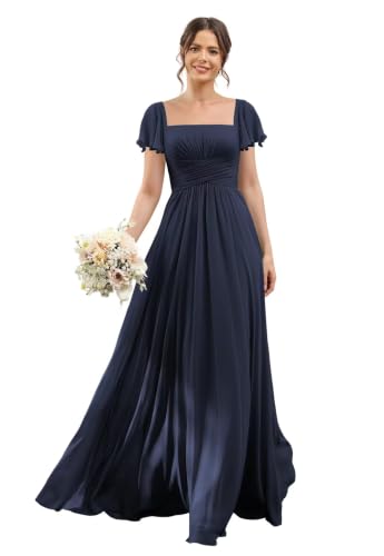 Women's Modest A Line Bridesmaid Dress Long Navy Blue Square Neck A-Line Flutter Sleeves Maid of Honor Dress for Wedding 2026,16