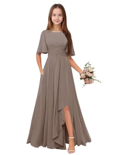 Qgeno Taupe Junior Bridesmaid Dresses Size 16 Long with Flutter Sleeve Chiffon Flower Girl Dress Slit Spring Beach Wedding Gowns