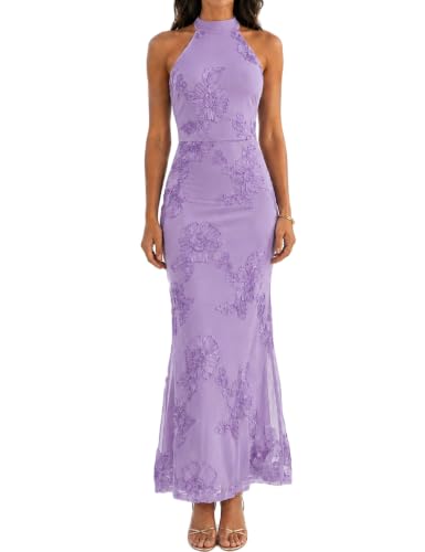 Realtix Womens Mesh Floral Halter Bodycon Maxi Dress Formal Wedding Guest