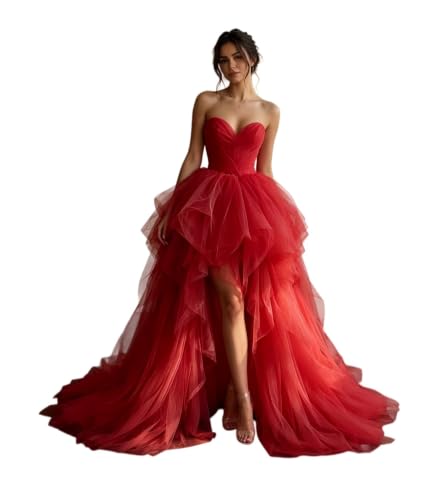 Dydsz Women Strapless High Low Prom Dress Tulle Cocktail Party Gown Red 10