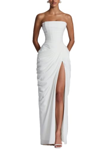 OXZKSNKEY Women's Strapless Prom Mermaid Gowns with Slit Bridesmaid Dresses White (Medium)