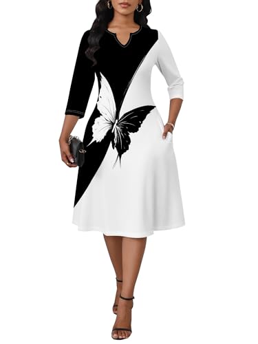 Women's 3/4 Sleeve Semi Formal Dress, Black White Butterfly