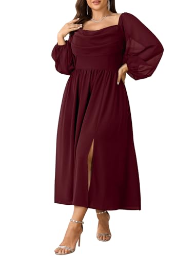 SHESTARR Women's Plus Size Chiffon Long Sleeve Cowl Neck Maxi Dress