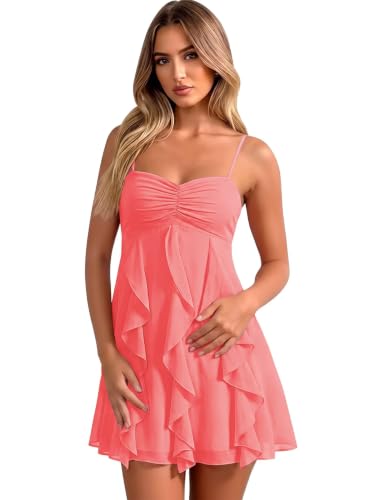 Ptymmloy Chiffon Ruffles Coral Homecoming Dresses 2026 for Women