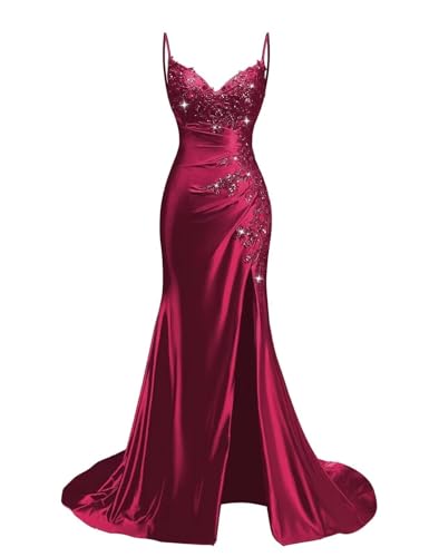 Satin Mermaid Prom Dress Wine Red V Neck Beaded Lace Corset Formal Gowns