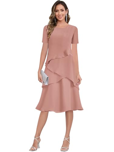 Gpuktu Women's Tea Length Mother of The Bride Dress Dusty Rose Chiffon Crew Neck Ruffle Formal Dresses for Women Size 8