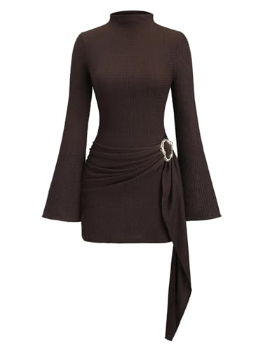 Milumia Women's Long Sleeve Dress Tie Waist Ruched Bodycon Mini Dress | Textured, Mock Neck, Metal, Cinched Waist, Bell Sleeve, Party, Cocktail, Festival, Prom, Date Night, Coffee, X-Large