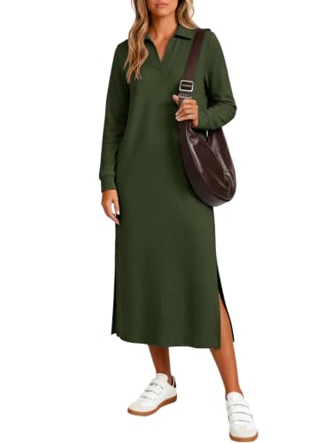 ANRABESS Womens Fall Long Sleeve Polo V-Neck Maxi Dresses,Army Green,M | Casual Split Tshirt Midi Dress with Pockets, Wrinkle Free Loose Fit, Travel Beach Vacation Outfits, Spring Winter Clothing
