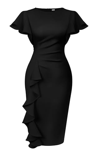 Memoriesea Women's Church Ruffle Sleeve Ruched Work Midi Dress Black | Back Zipper,Ruched Waist,Knee Length,Classic Sheath Outfits for Office Business Graduation Teacher Formal Cocktail Travel
