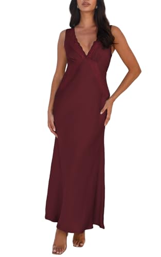 BAGONE Summer Satin Lace V Neck Backless Formal Wedding Guest Maxi Dresses