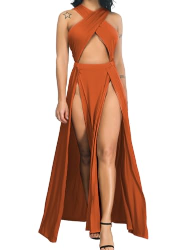 Velius Women Sexy Hollow Out Halter Wrap Sleeveless Plain Pleated Slit Casual Long Maxi Dress (Medium, Pumpkin)