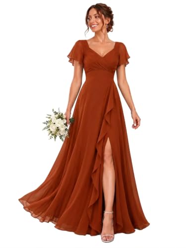BABYONLINE D.R.E.S.S. Women's Pleated Bridesmaid Dresses V-Neck Flutter Sleeve Long Formal Dress with Slit Burnt Orange 16