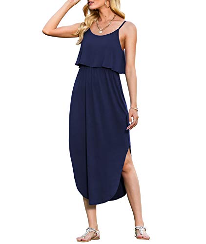LILBETTER Women's Adjustable Strappy Split Summer Beach Casual Midi Dress(Navy Blue,Medium)
