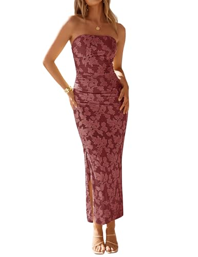 ZESICA Womens Summer Strapless Floral Ruched Maxi Formal Dress Wine Red M