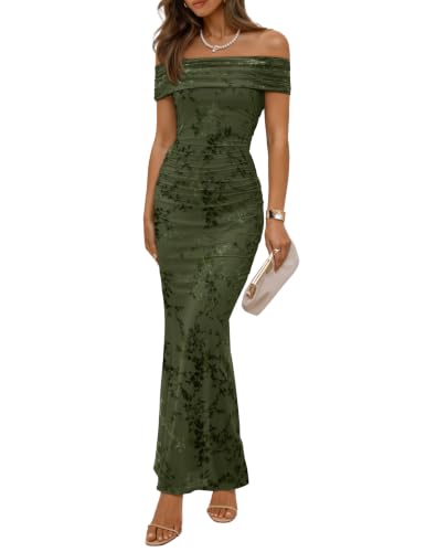ZESICA Women's Summer Off Shoulder Floral Bodycon Ruched Maxi Formal Dress | Mesh, Mermaid, Strapless, Elegant, Wedding Guest, Cocktail, Party, Sexy, Date Night, Dinner, Homecoming, Holiday, Prom Dress