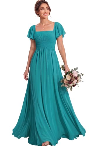 Women's Flutter Sleeves Bridesmaid Dresses Square Neck Chiffon Maxi Dress A Line Formal Evening Gown Aqua Blue