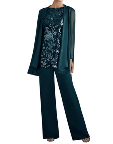 3 Pieces Mother of The Bride Pant Suits for Women Dressy Long Sleeve Lace Wedding Formal Outfits with Jacket PG016 Teal