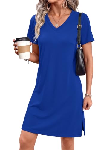 RUMIA Summer Casual Dresses for Women 2026 Mini Vacation Dress V-Neck Short Sleeve A Line Beach Sundress RoyalBlue XL