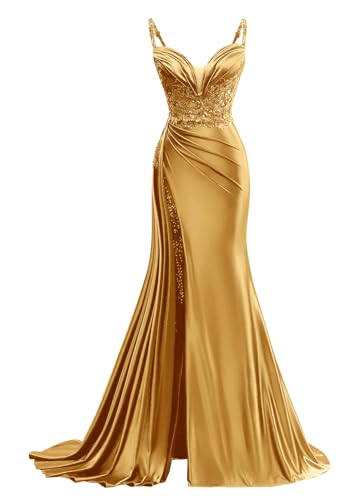 V Neck Satin Prom Dress 2025 Spaghetti Strap Applique Mermaid Party Dress Corset Formal Evening Gown with Train US10 Gold