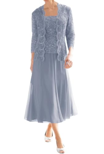 Long Sleeve Mother of The Bride Dresses for Women 2026 Sequin Chiffon Evening Dresses for Women Elegant Classy Dusty Blue-US 14