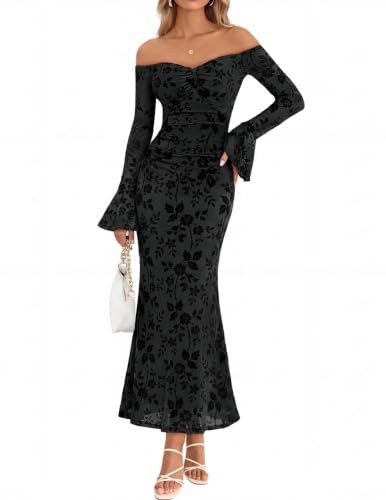 MEROKEETY Women's Off The Shoulder Bodycon Fall Maxi Dress, Black, L | Wedding Guest Cocktail, Bell Long Sleeve, Floral Mesh, Ruched Bust, 2026 Winter, Elegant Sexy Trendy, Date Night Club Dresses