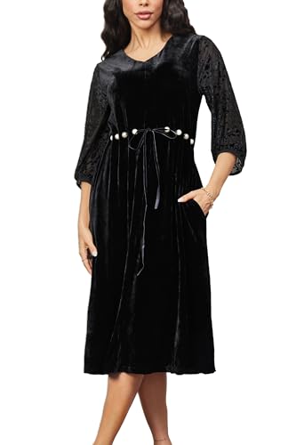 heipeiwa Women's Velvet Maxi Dresses 3/4 Sleeve V Neck Casual Party Wedding Guest Cocktail Dress Black