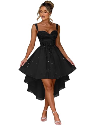 Memoryfic Lace Applique High Low Cute Homecoming Dresses Black US2 | High Low,Spaghetti Straps,Sweetheart Neck,Lace Up Back,Sleeveless,Pleated,HOCO,Cocktail Party,DAMA Dress for Quinceanera