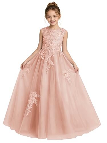 Liwecit Blush Pink Junior Bridesmaid Dress for Wedding Elegant A Line Cute Flower Girl Dresses School Dance Lace Appliques Formal Pageant Gown Long Tulle Farther Daughter Gown for Girls Size 10