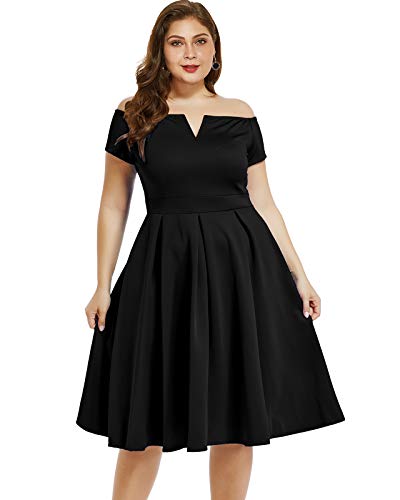 LALAGEN Women's Plus Size Vintage 1950s Party Cocktail Wedding Swing Midi Dress Black XL