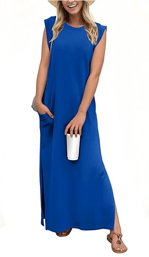 GRECERELLE Womens Summer Casual Loose Split Long Maxi Sun Dress with Pockets (Small, Royal Blue)