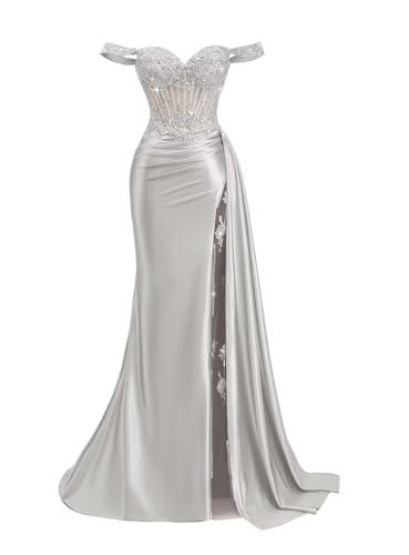 NDMAVOA Women's Off Shoulder Prom Dresses Mermaid Satin Beaded Formal Evening Gown Bodycon Long Sexy Slit with Tail Silver 2