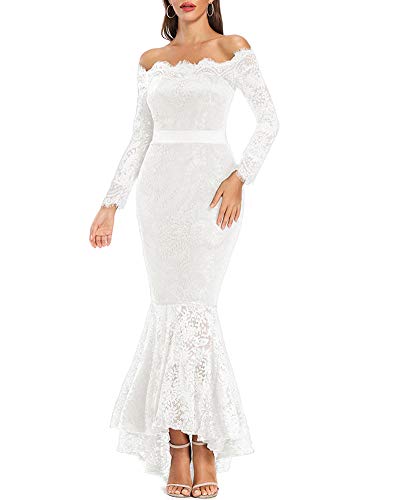 LALAGEN Women's Floral Lace Long Sleeve Off Shoulder Wedding Mermaid Dress White S