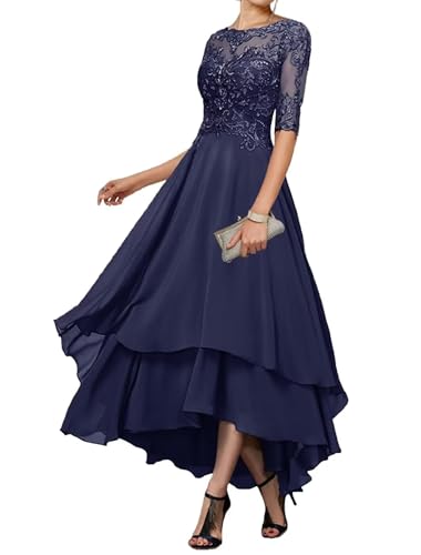 Mother of The Bride Dresses for Wedding Tea Length Lace Applique Chiffon Formal Evening Gowns with Sleeves Navy Blue