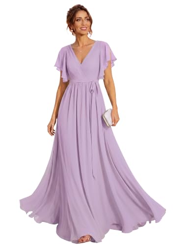 Ever-Pretty Women's Summer Chiffon V-Neck Ruffle Sleeves Bridesmaid Dresses Ruched Bust Long Formal Wedding Guest Dress Frosted Lilac US6
