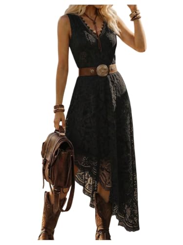 GORGLITTER Women's Western Cowgirl Boho Floral Lace Asymmetrical Dress | Country Concert Outfits, Wedding Dress, V Neck, Sleeveless, 70s, Rave Festival, Rodeo Outfits, Black, Large