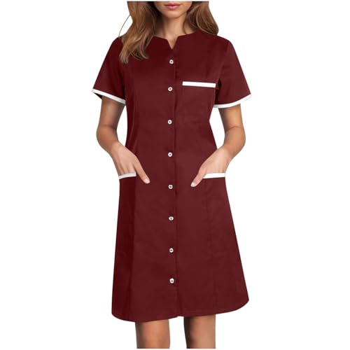 Scrubs Dress for Women - Button Front Nursing Workwear - Casual Housekeeping Dresses with Pockets Wine