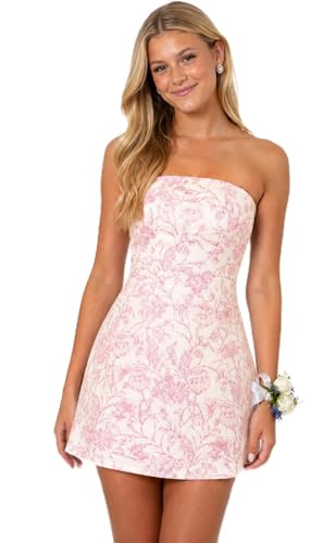 Lanbaodress Strapless Homecoming Dresses for Teens 2026 Short Floral A Line Cocktail Mini Party Dress Pink Size 2