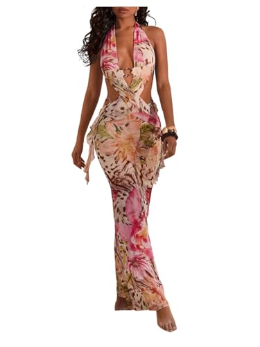 WDIRARA Women's Halter Cut Out Dress Floral Cheetah Print High Slit Dresses | Asymmetrical Hem ,Sexy , Mesh, Ruffle,Vacation, Beach, Pink Flowers, Small