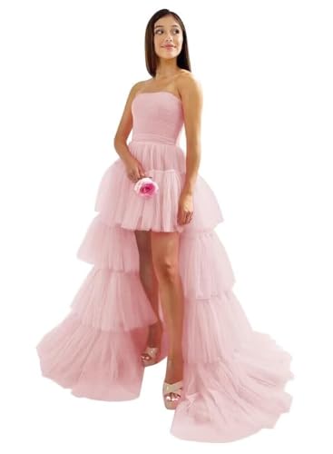 Tiered Tulle Prom Dresses for Women 2026 Long High Low Formal Dress with Train Puffy Strapless Cocktail Ball Gown YH175 0 Pink